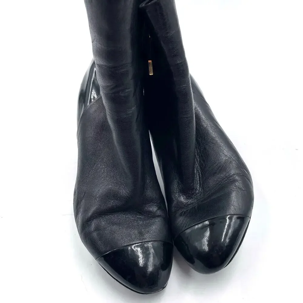 Chanel CC Logo Boots Black Patent Leather Cap Toe Heeled Ankle Sz 37 / 7‎